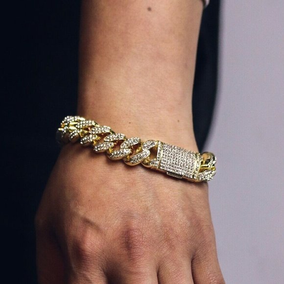 14k Cuban 15mm Gold Box Clasp Iced Bracelet!